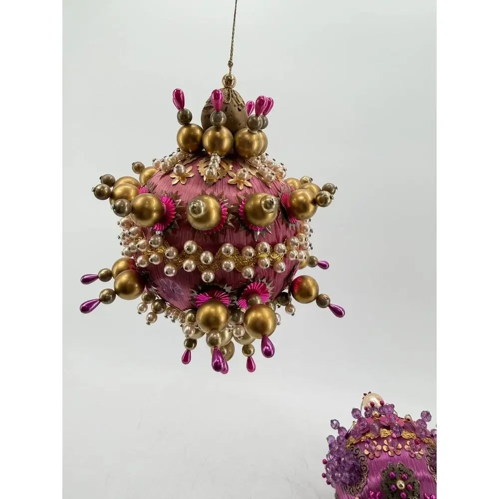 Vintage Handmade Beaded Christmas Ornament Pink Gold Sequin Ball OOAK Decor